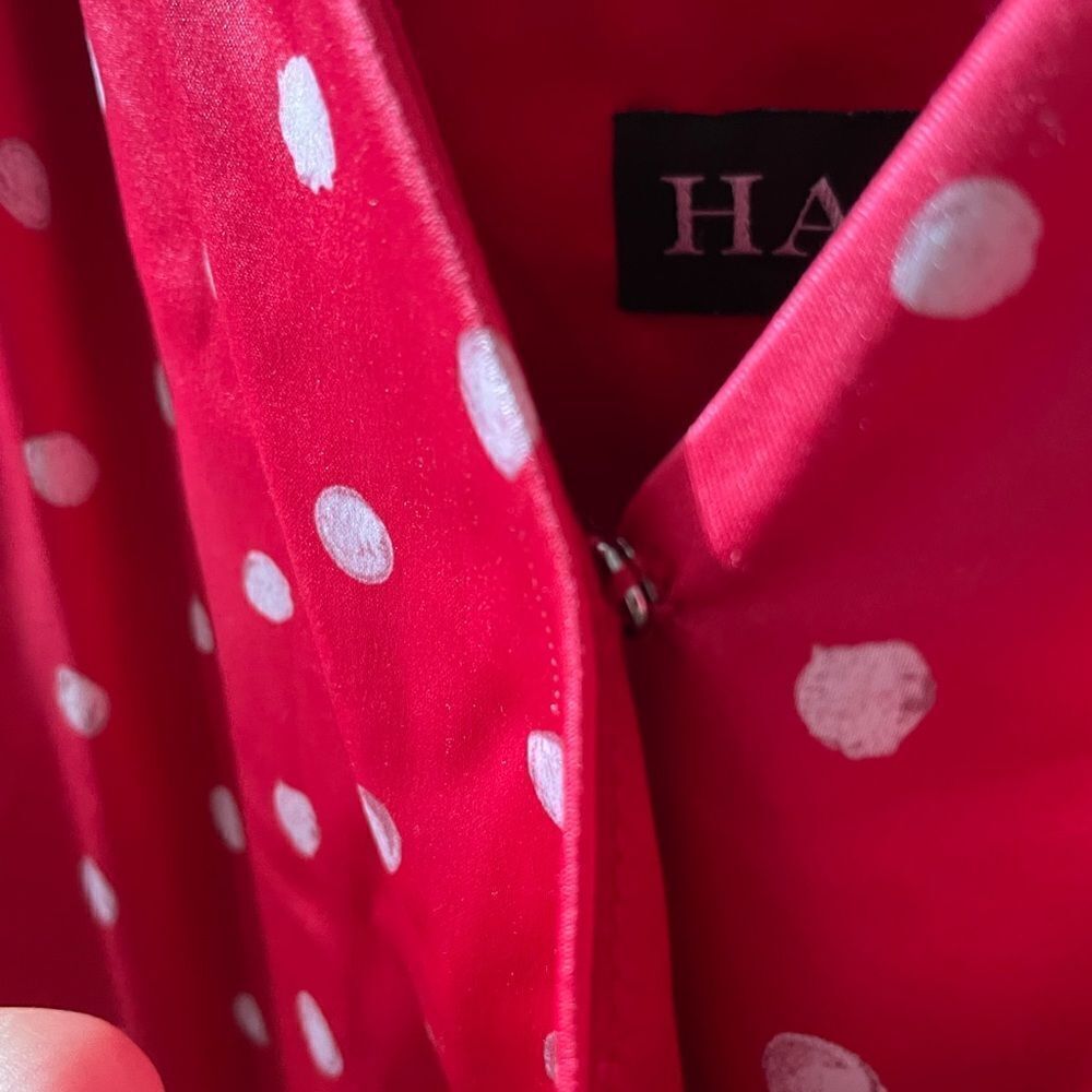 Haney Olivia Red Stretch Satin Polka Dot Handkerchief Hem Midi Dress 4 $890 - Picture 10 of 13